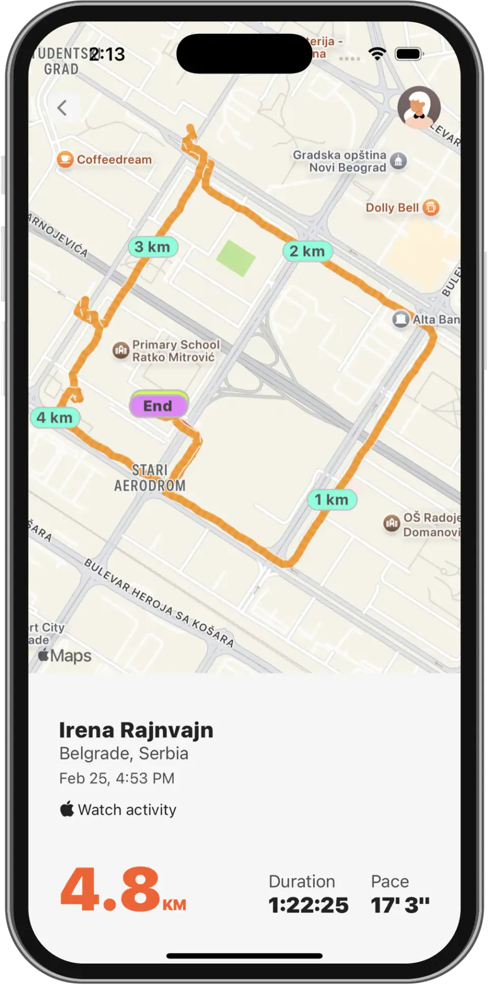 Detailed activity stats on map in the fitAnalytica app